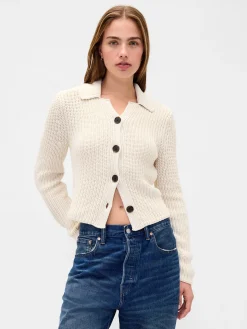 100% Cotton Collared Crop Cardigan Sweater