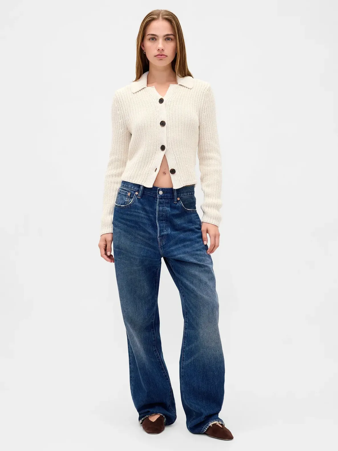 100% Cotton Collared Crop Cardigan Sweater