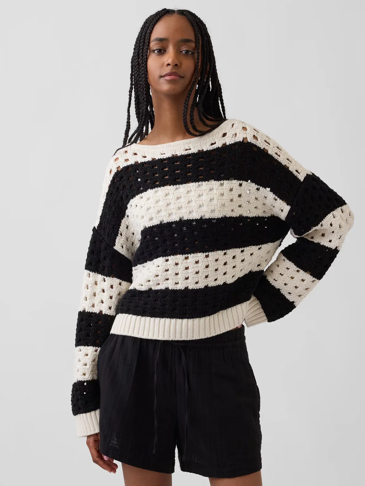 100% Cotton Crochet Boatneck Sweater
