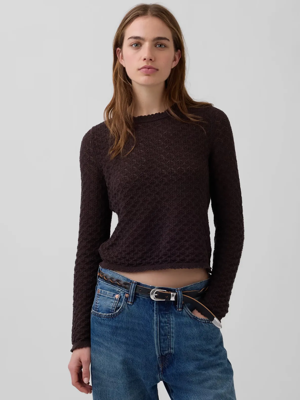 100% Cotton Pointelle Crop Sweater