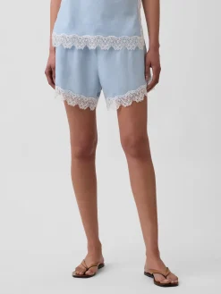 4" Mid Rise Linen-Blend Lace-Trim Shorts