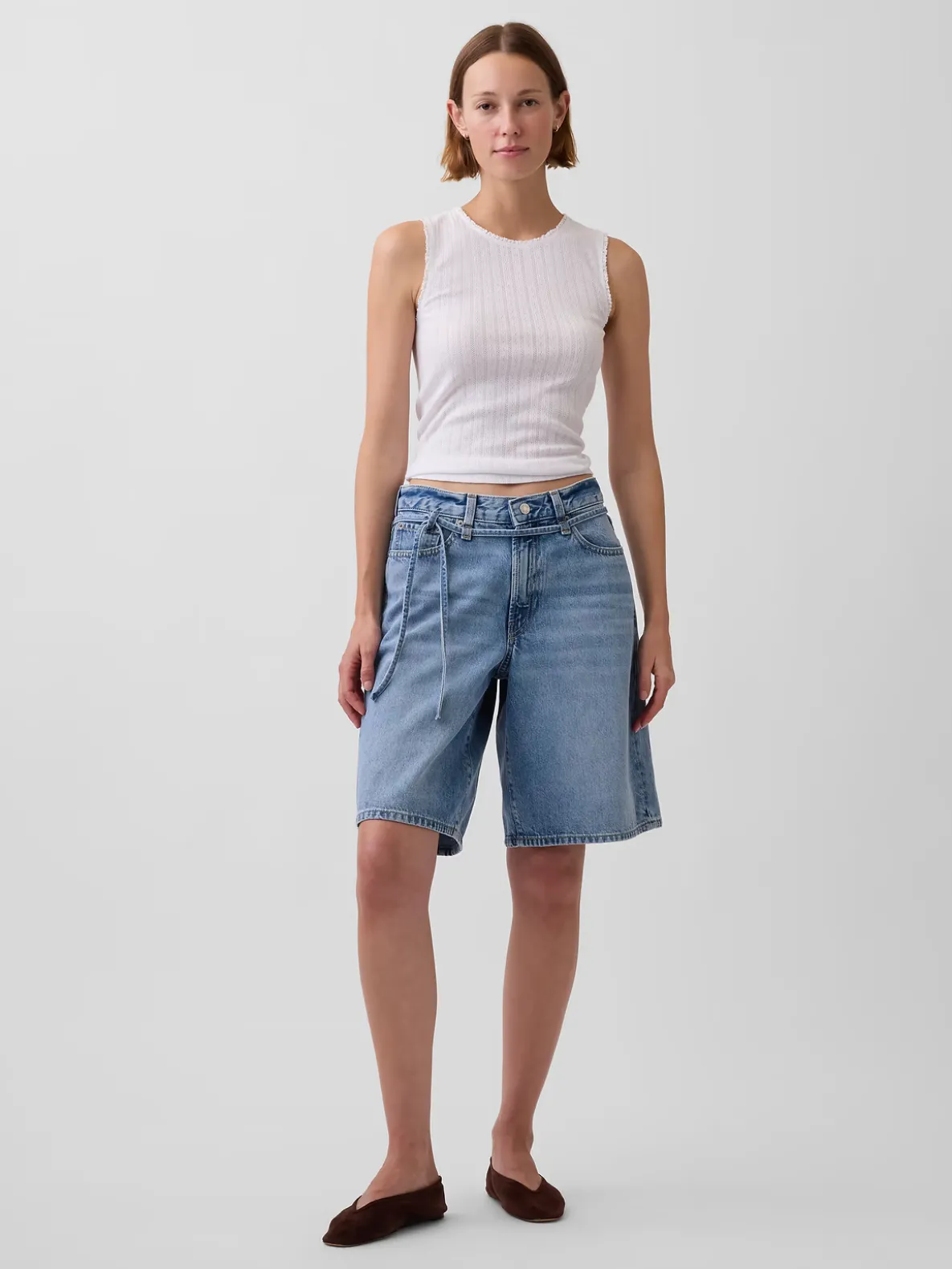 11" Mid Rise Micro Belt Longline Denim Shorts