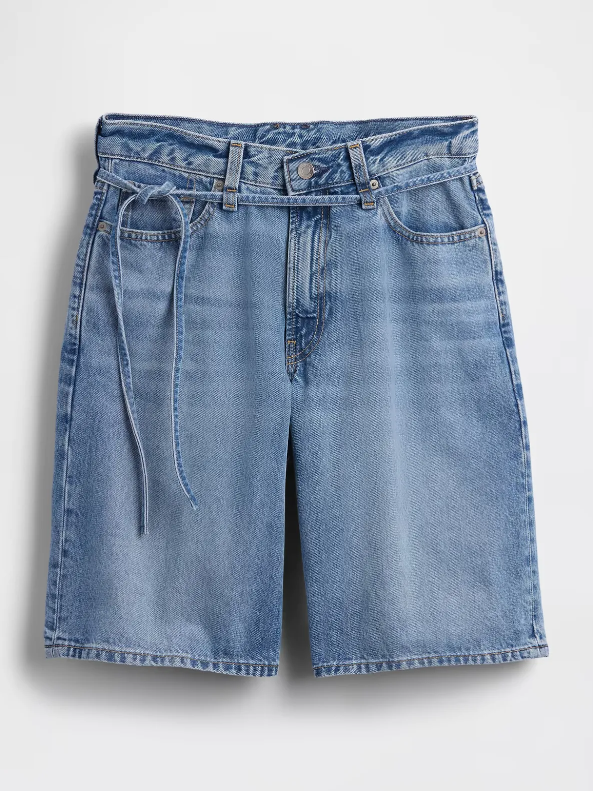 11" Mid Rise Micro Belt Longline Denim Shorts