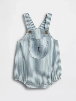 Baby Denim Stripe Bear Pocket Bubble Overalls