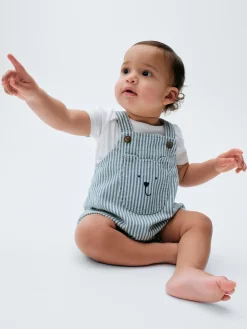 Baby Denim Stripe Bear Pocket Bubble Overalls