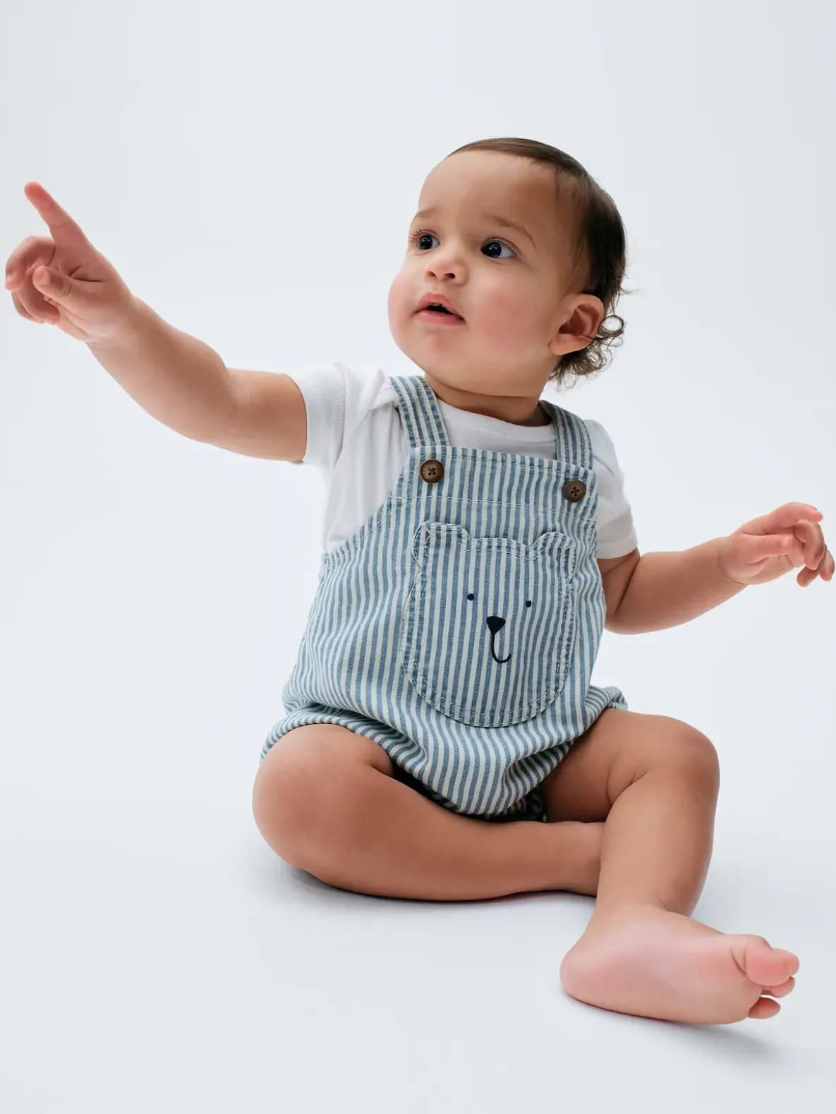 Baby Denim Stripe Bear Pocket Bubble Overalls