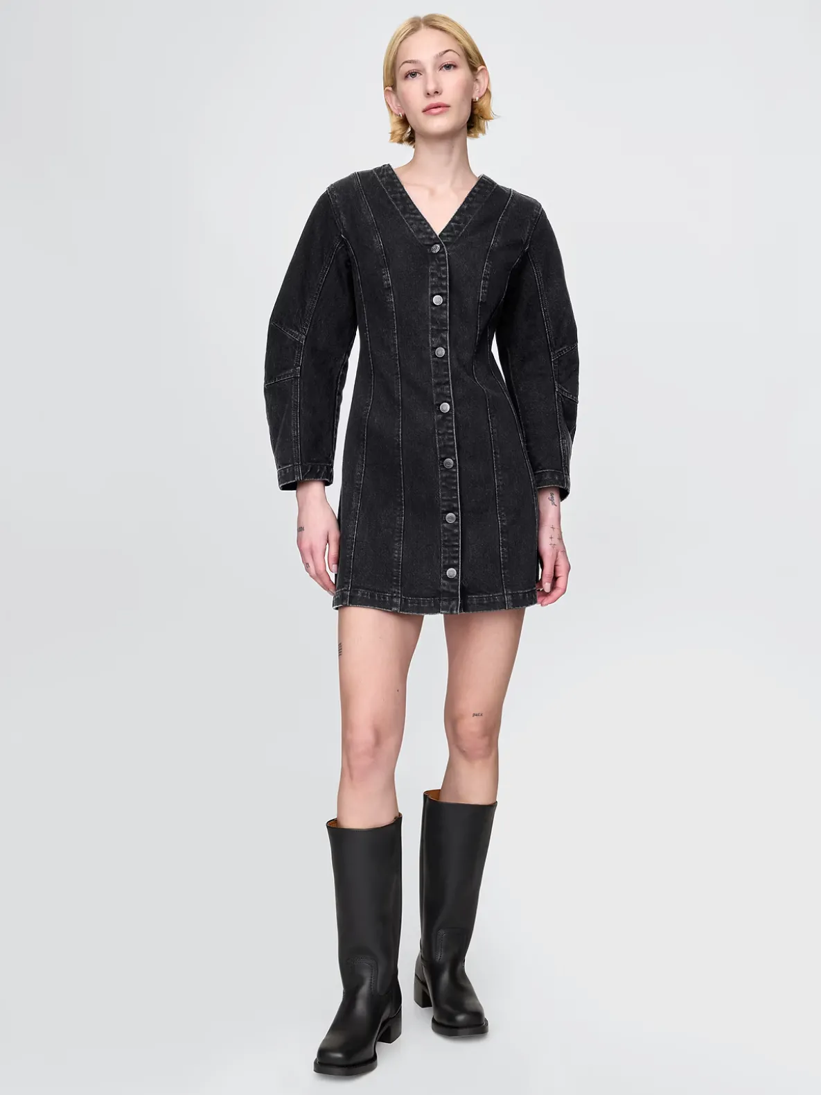 Barrel-Sleeve Denim Mini Dress