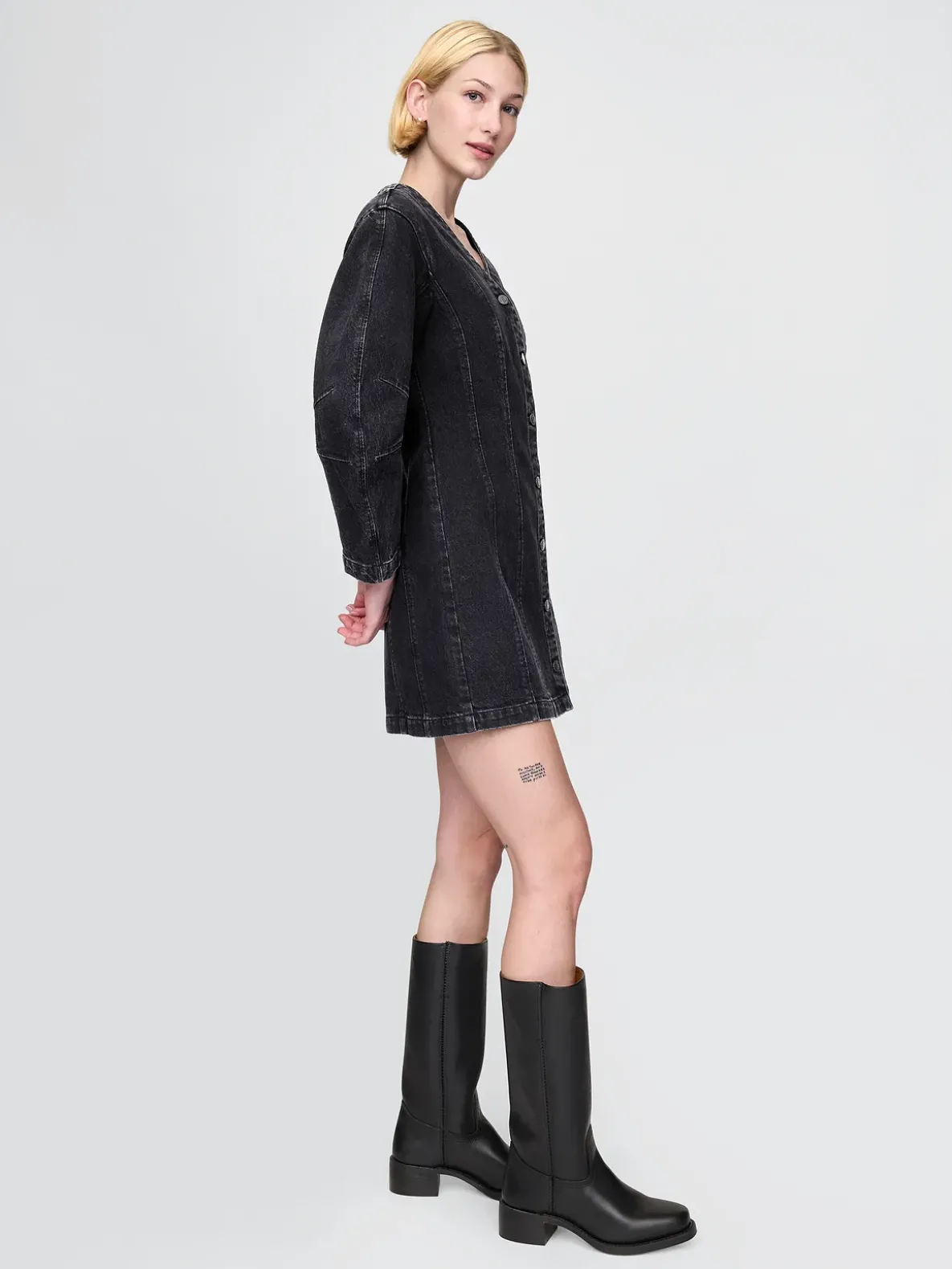 Barrel-Sleeve Denim Mini Dress