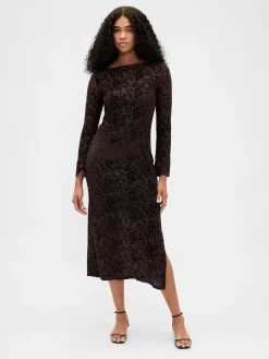 Burnout Velvet Bell-Sleeve Midi Dress