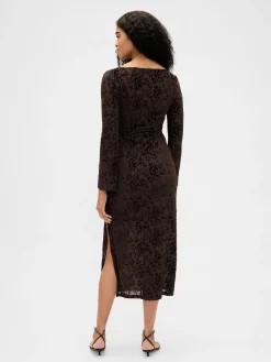 Burnout Velvet Bell-Sleeve Midi Dress