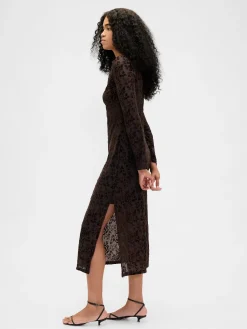 Burnout Velvet Bell-Sleeve Midi Dress