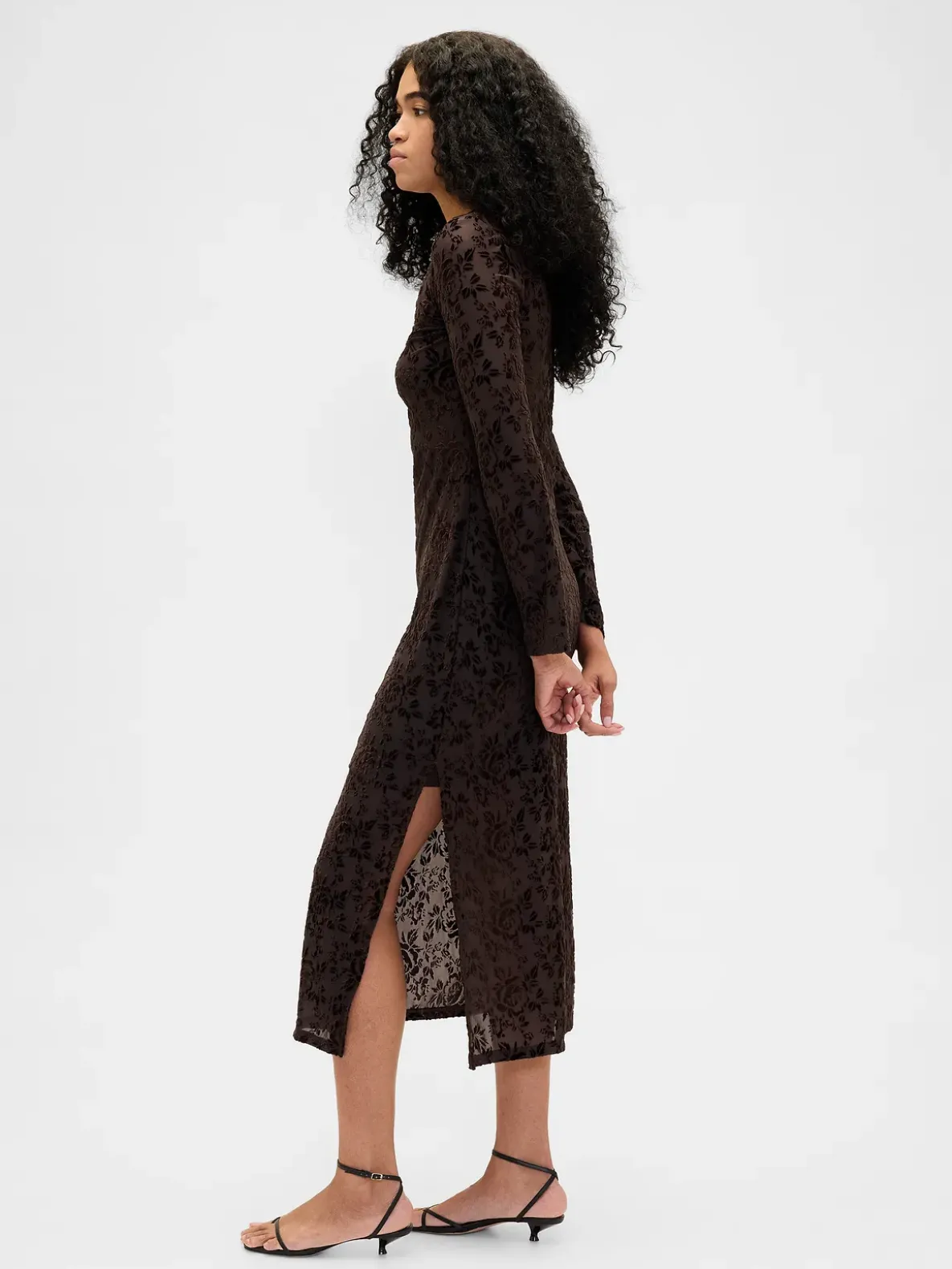 Burnout Velvet Bell-Sleeve Midi Dress