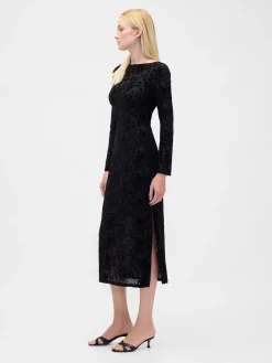 Burnout Velvet Bell-Sleeve Midi Dress