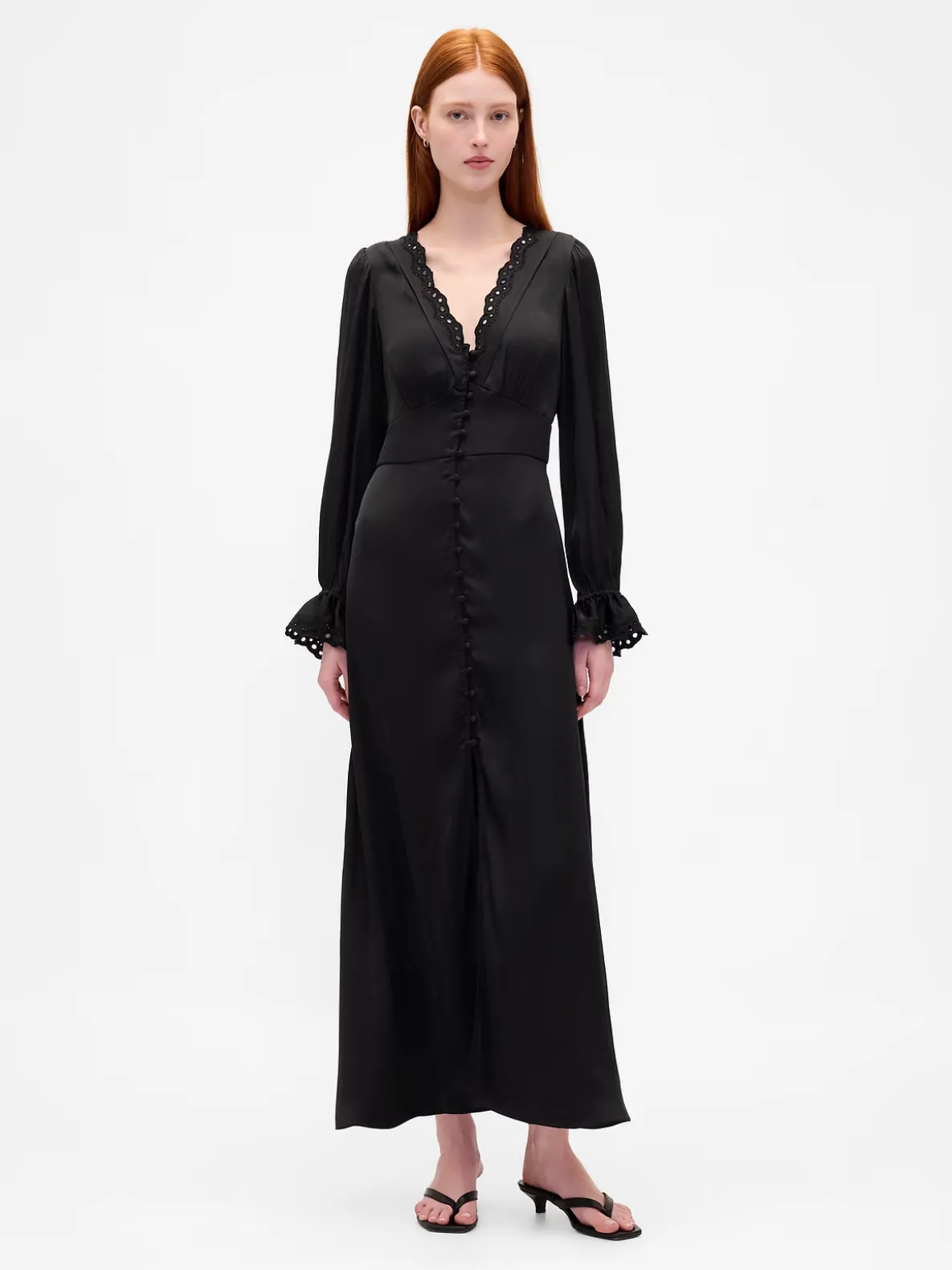 Button-Front V-Neck Maxi Dress