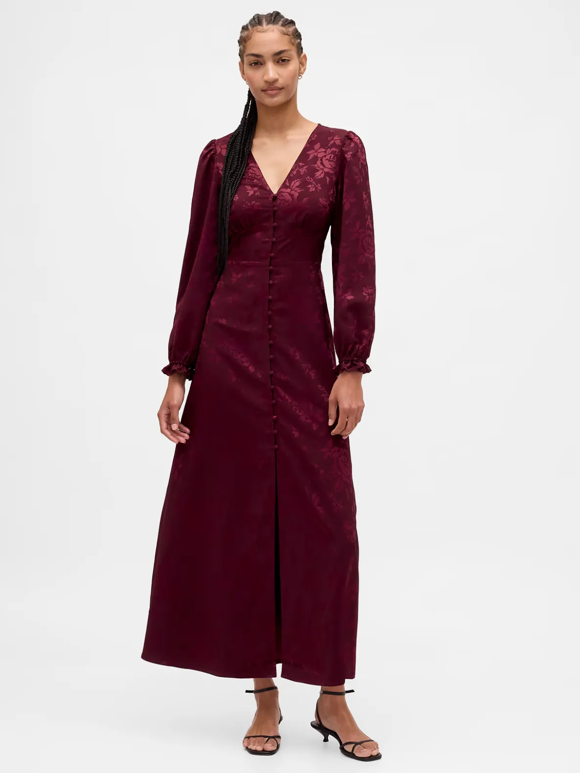 Button-Front V-Neck Maxi Dress