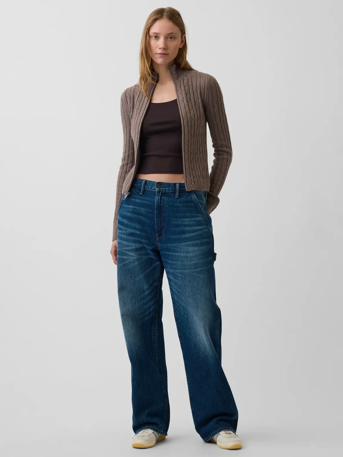CashSoft Cable-Knit Crop Zip Cardigan