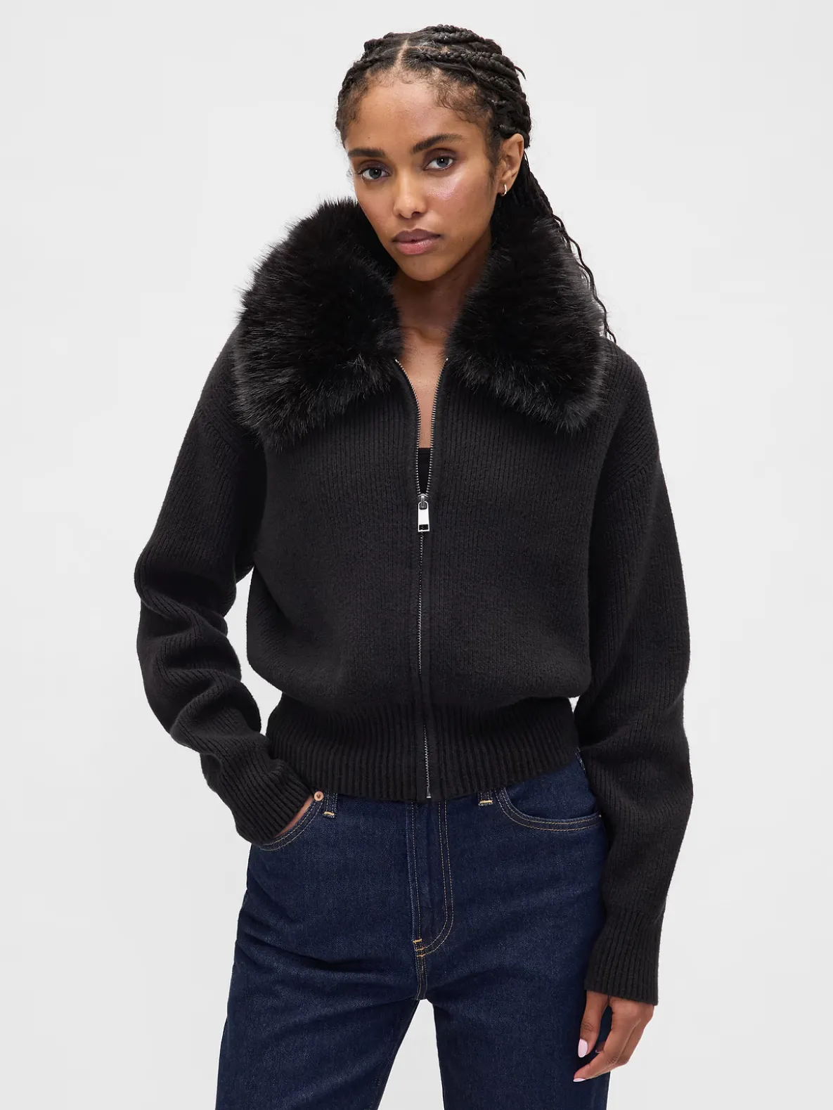 CashSoft Faux-Fur Collar Zip Cardigan Sweater