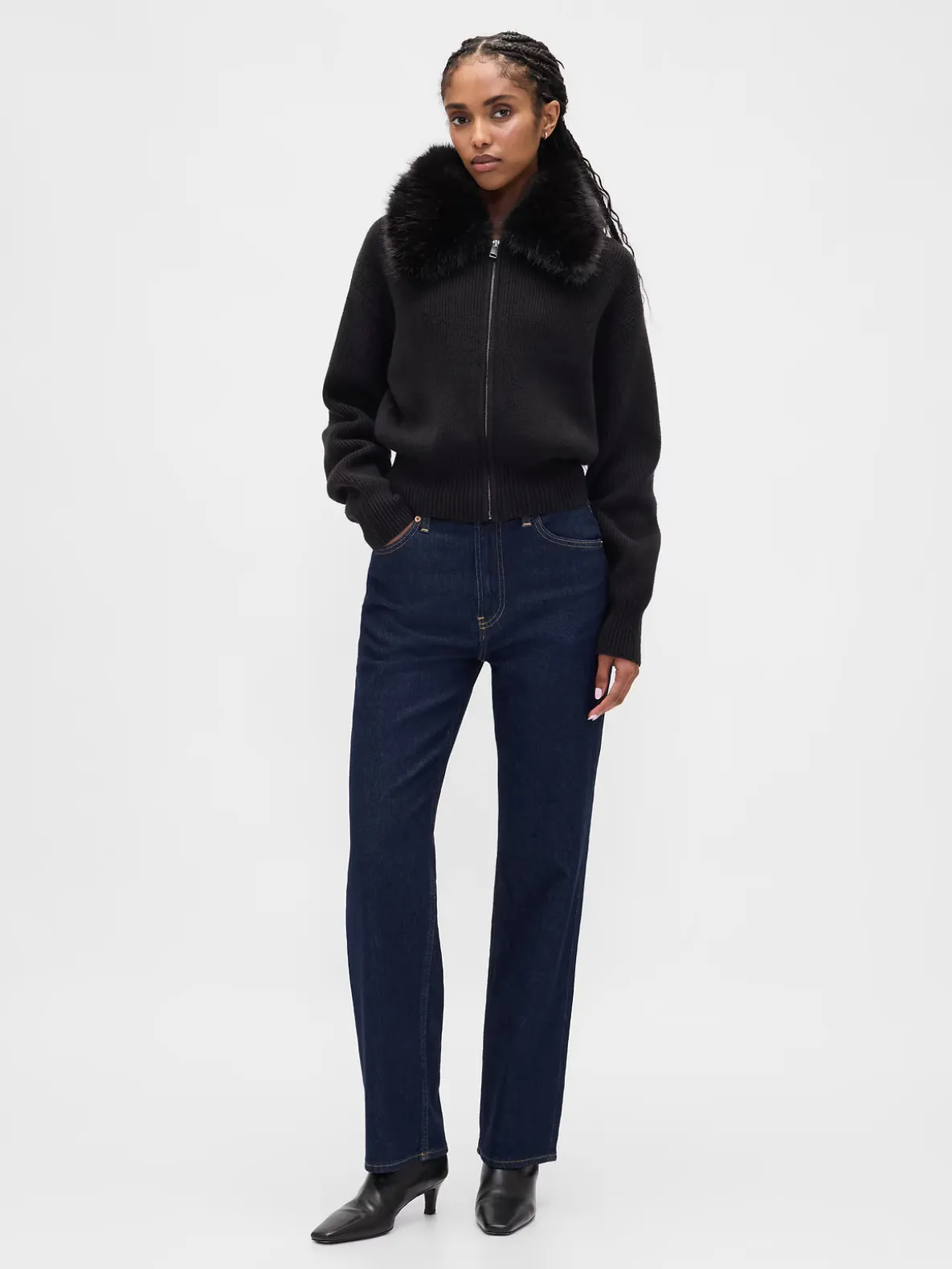 CashSoft Faux-Fur Collar Zip Cardigan Sweater