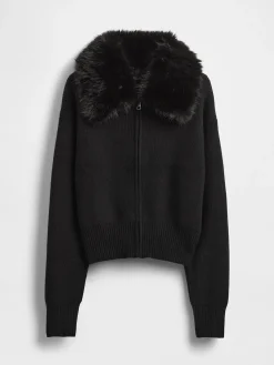 CashSoft Faux-Fur Collar Zip Cardigan Sweater
