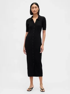 CashSoft Rib Collared Midi Cardigan Dress