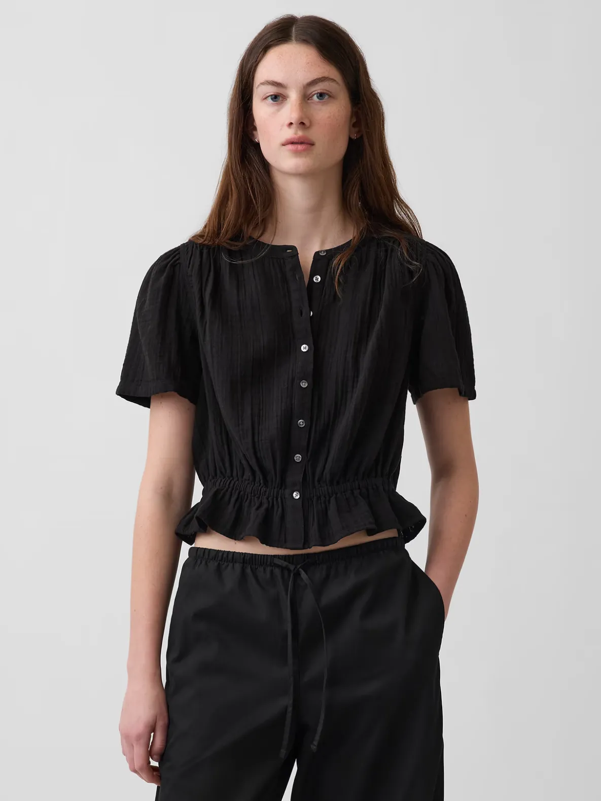 Cotton Gauze Button-Front Crop Peplum Top