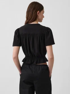 Cotton Gauze Button-Front Crop Peplum Top