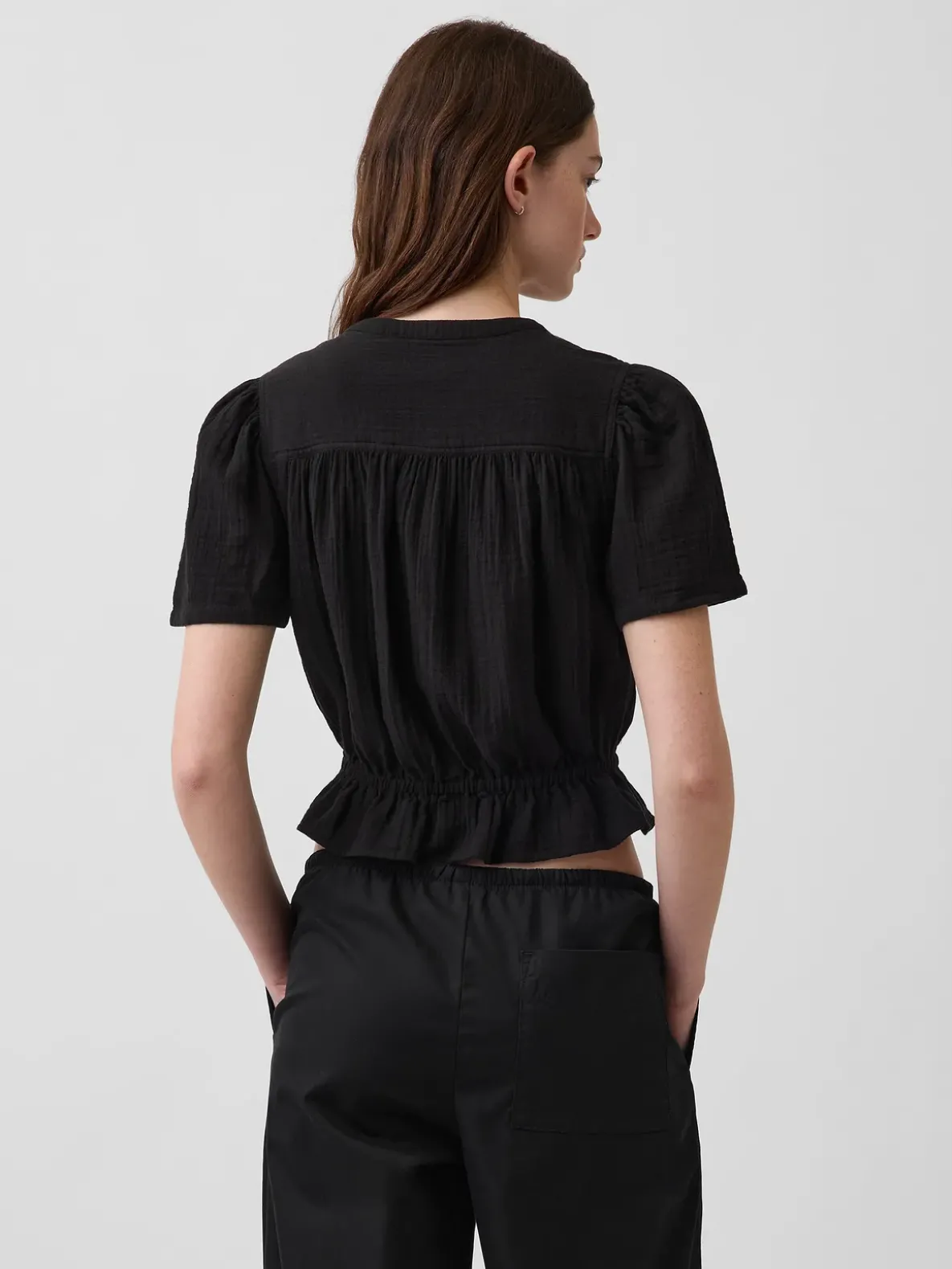 Cotton Gauze Button-Front Crop Peplum Top