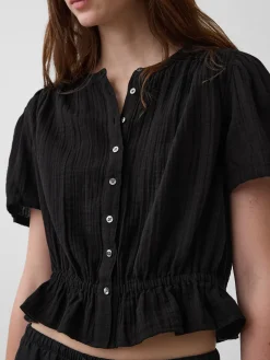 Cotton Gauze Button-Front Crop Peplum Top