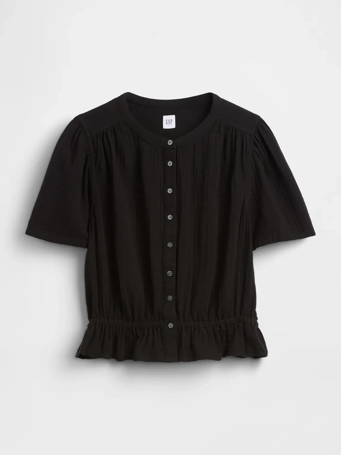 Cotton Gauze Button-Front Crop Peplum Top