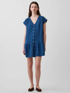 Cotton Gauze Denim Drop-Waist Mini Shirtdress