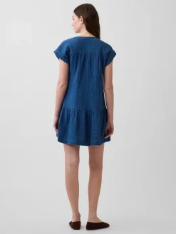 Cotton Gauze Denim Drop-Waist Mini Shirtdress