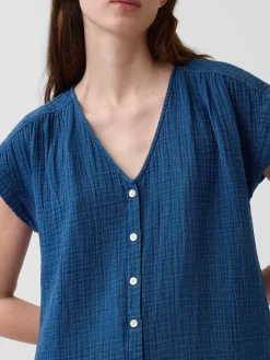 Cotton Gauze Denim Drop-Waist Mini Shirtdress
