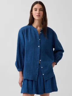 Cotton Gauze Denim Oversized Collarless Shirt