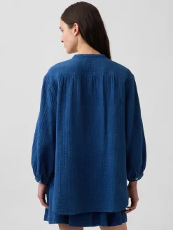 Cotton Gauze Denim Oversized Collarless Shirt