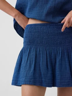 Cotton Gauze Denim Smocked Waist Mini Skort