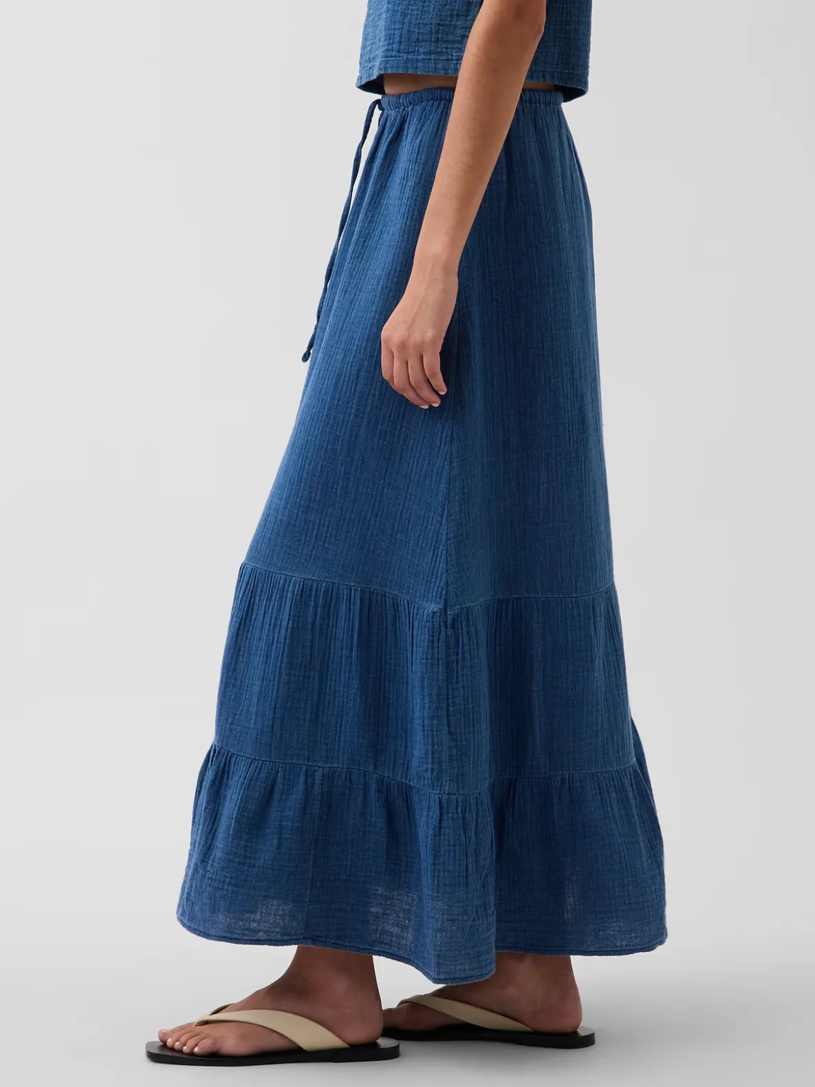 Cotton Gauze Denim Tiered Easy Maxi Skirt