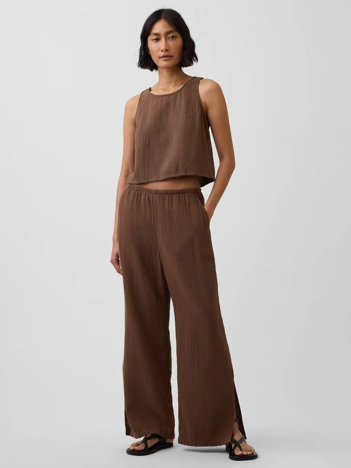 Cotton Gauze Easy Split-Hem Pants