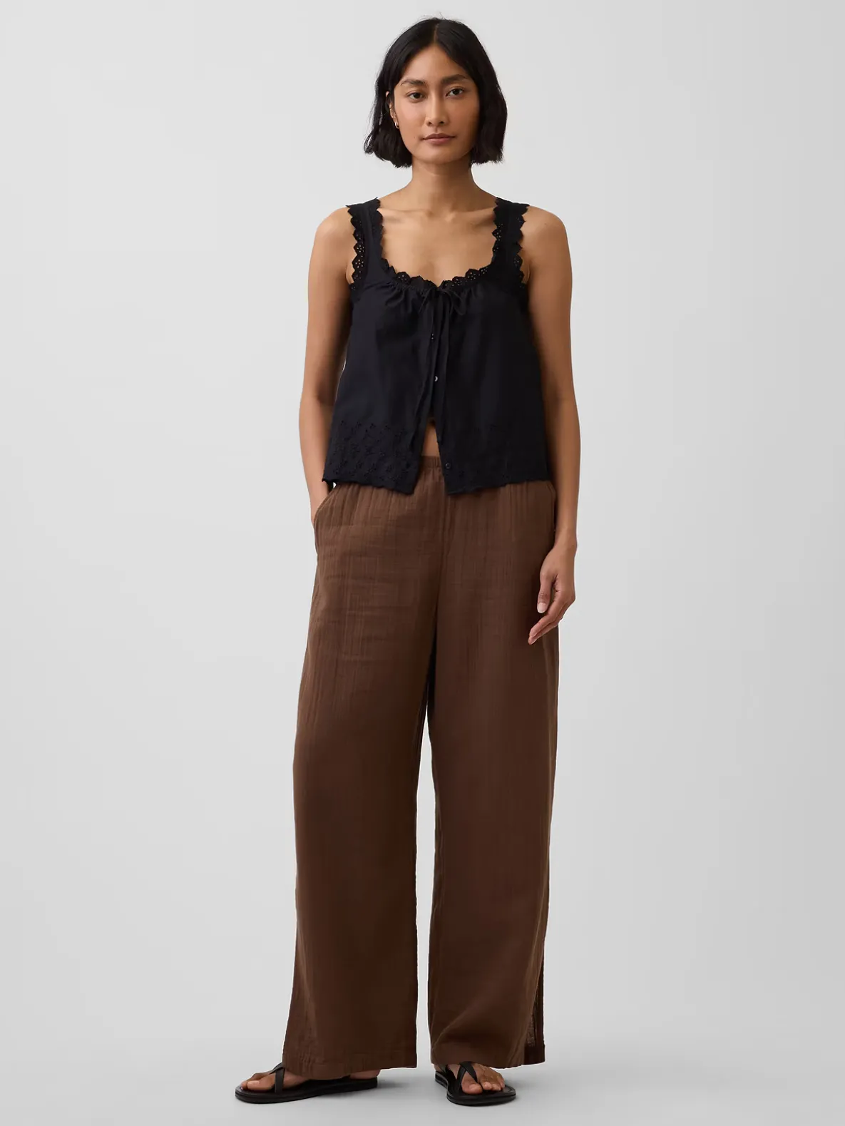 Cotton Gauze Easy Split-Hem Pants