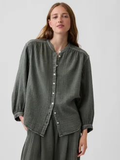 Cotton Gauze Oversized Collarless Shirt