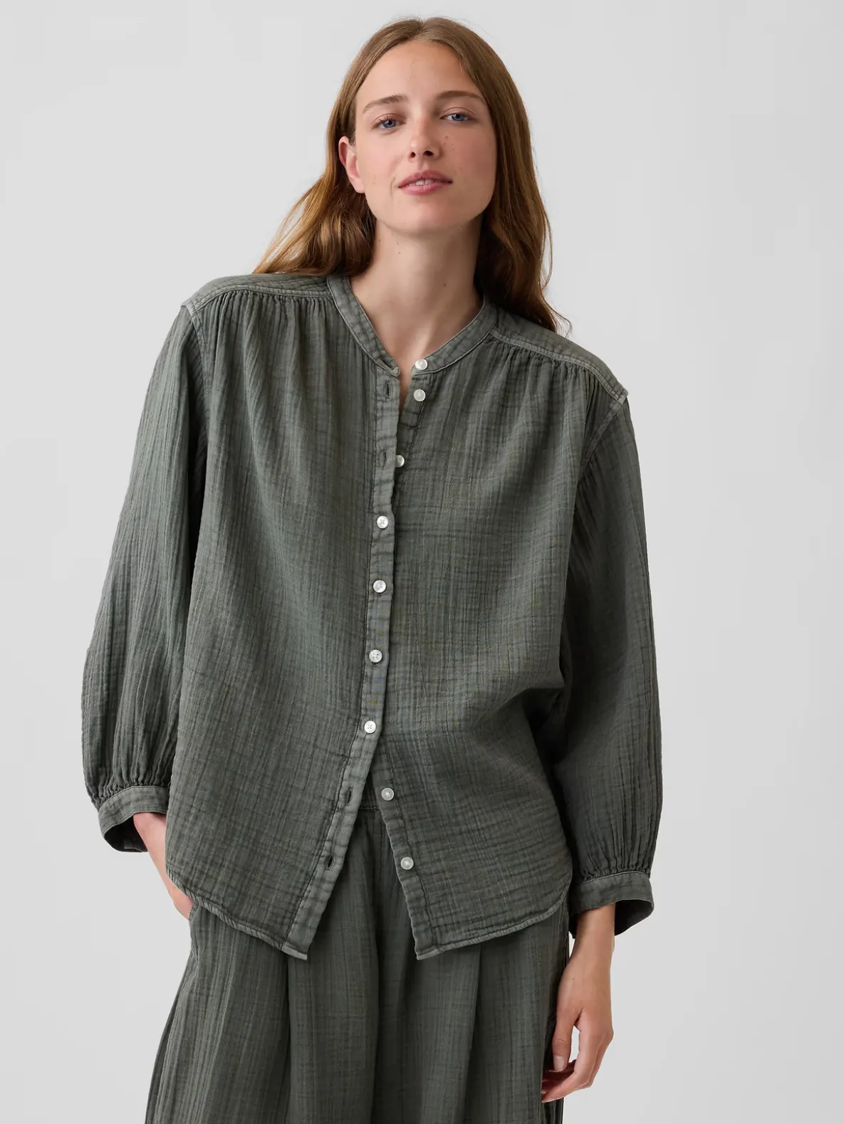 Cotton Gauze Oversized Collarless Shirt