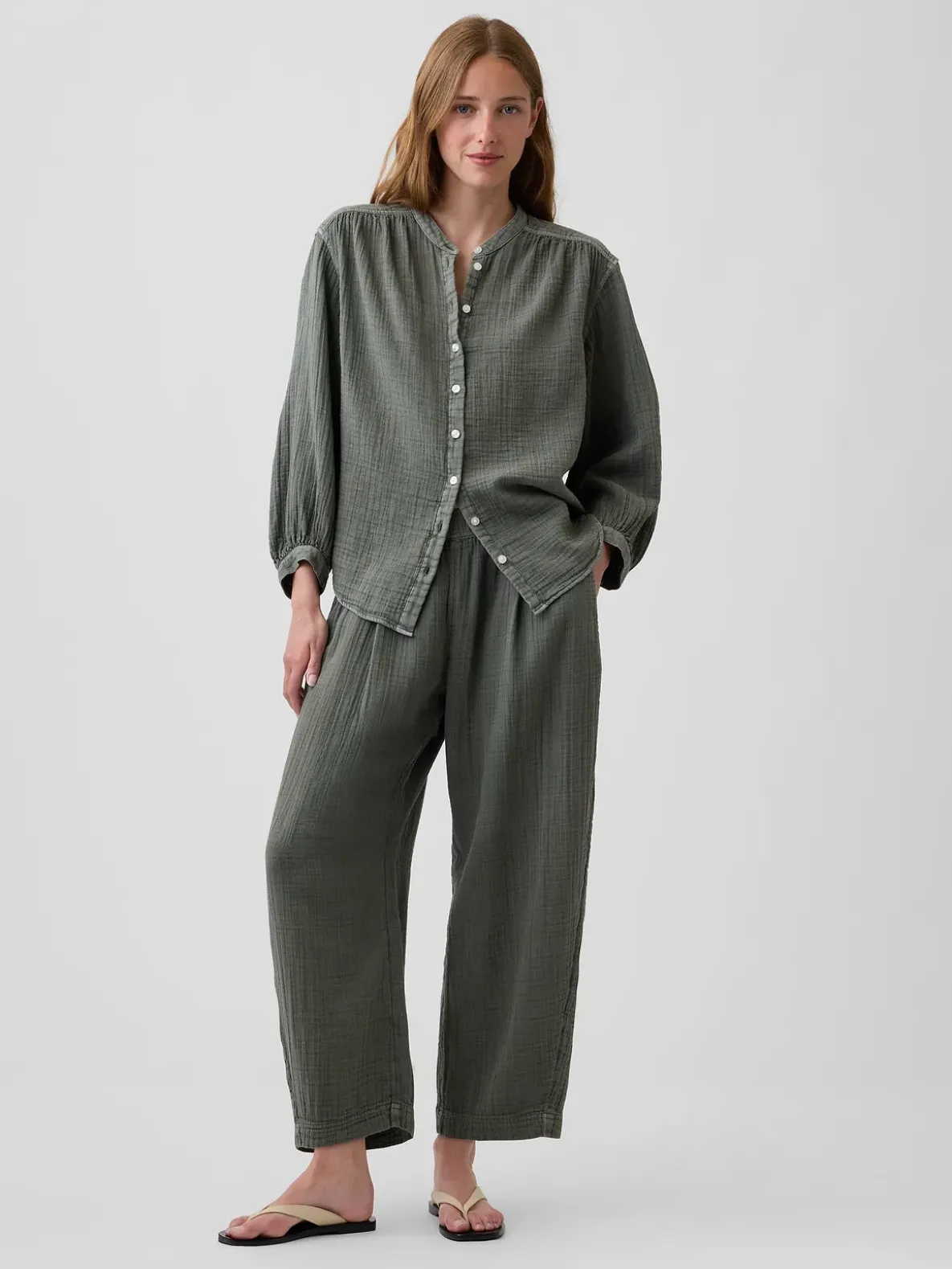 Cotton Gauze Oversized Collarless Shirt