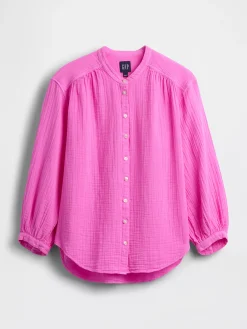 Cotton Gauze Oversized Collarless Shirt