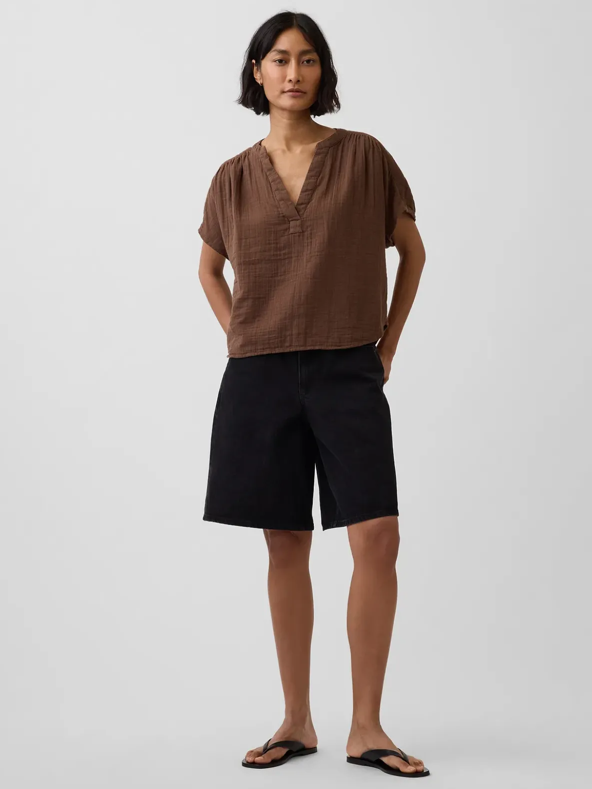 Cotton Gauze Oversized Split-Neck Top