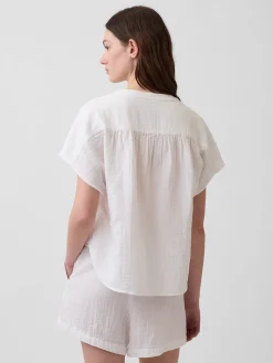 Cotton Gauze Oversized Split-Neck Top