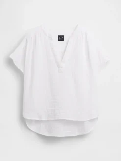 Cotton Gauze Oversized Split-Neck Top