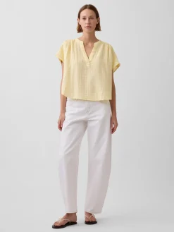 Cotton Gauze Oversized Split-Neck Top