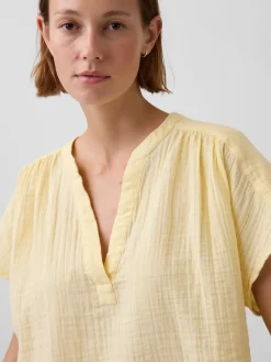 Cotton Gauze Oversized Split-Neck Top