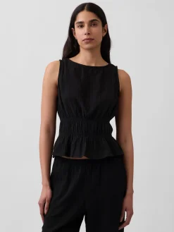Cotton Gauze Smocked-Waist Peplum Top