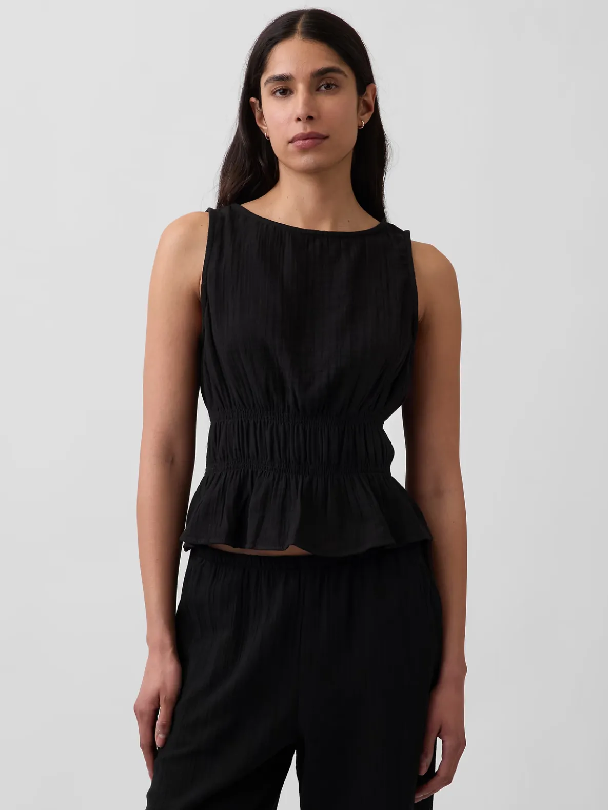 Cotton Gauze Smocked-Waist Peplum Top