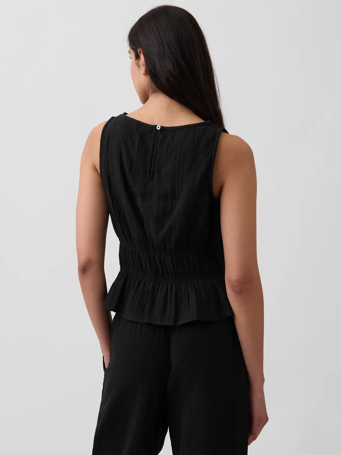 Cotton Gauze Smocked-Waist Peplum Top